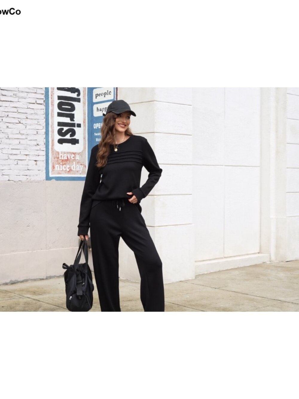 Women's 2 Piece Sweatsuit Set Crewneck Pleated Top Wide Leg Pants - Picture 5 of 6